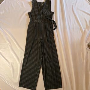 One piece pant suit-silver pin stripped, pockets, sleeveless, wrap style